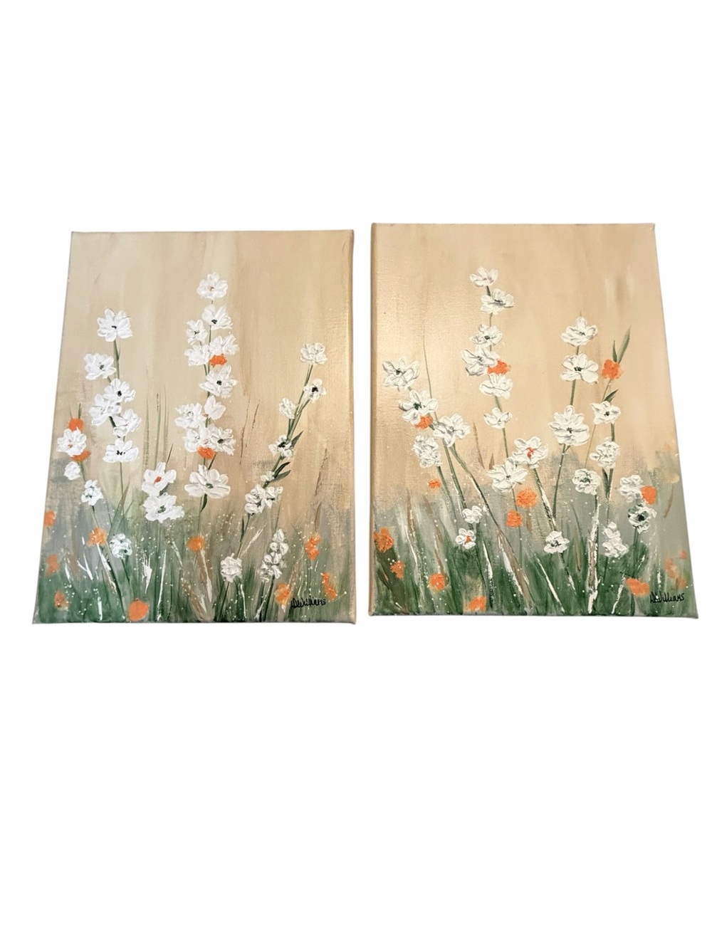 Original Artwork Set of 2 Floral Canvas Wall Art in Cream, White & Green 12x16"